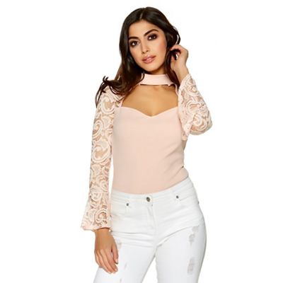 Nude crepe frill lace sleeves bodysuit